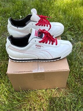 Puma Roma Men’s 10 White Leather Sneakers with Red Laces